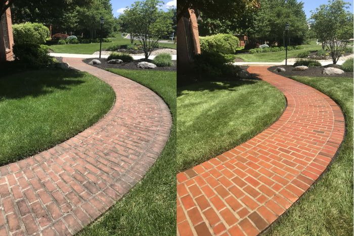 Brick walkway before and after pressure washing by Powell Pro Wash